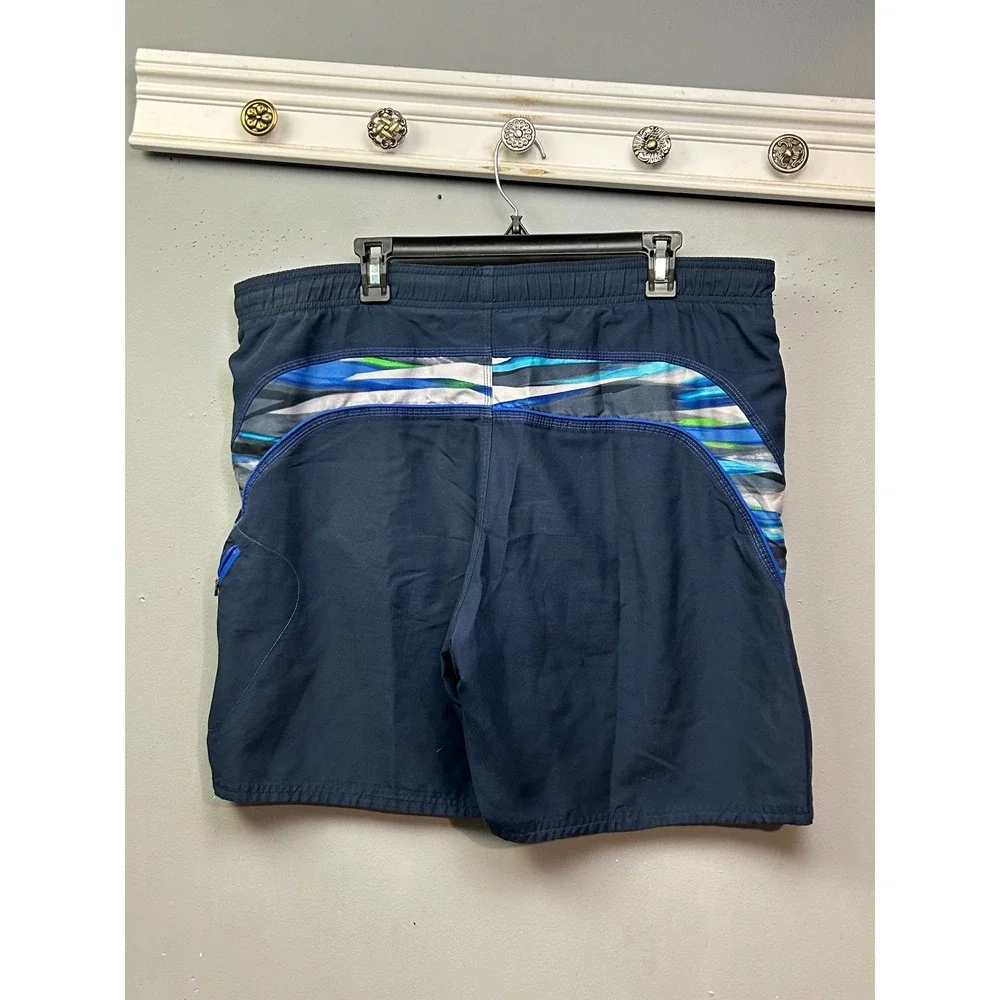 Nike Mens Swim Trunks Navy Blue Abstract Side Stripe Board Shorts Large 8 Inseam